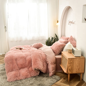 Fluffy Faux Mink & Velvet Fleece Quilt Cover Set - Rose Gold