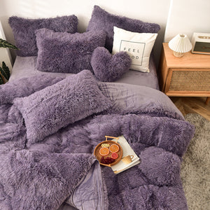 Fluffy Faux Mink & Velvet Fleece Quilt Cover Set - Dusty Lavender