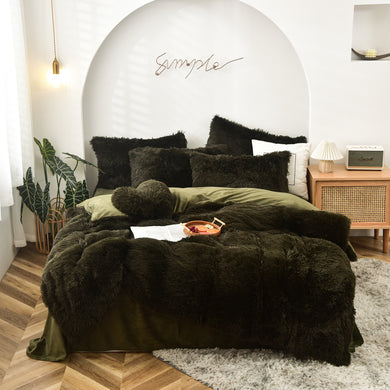 Fluffy Faux Mink & Velvet Fleece Quilt Cover Set - Dark Green