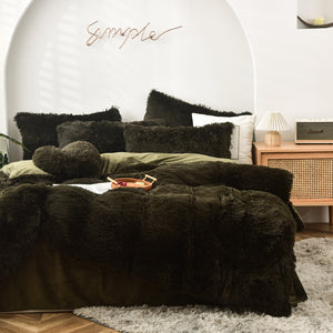 Fluffy Faux Mink & Velvet Fleece Quilt Cover Set - Dark Green
