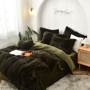 Fluffy Faux Mink & Velvet Fleece Quilt Cover Set - Dark Green