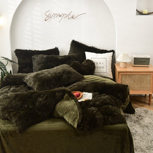 Fluffy Faux Mink & Velvet Fleece Quilt Cover Set - Dark Green