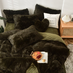 Fluffy Faux Mink & Velvet Fleece Quilt Cover Set - Dark Green