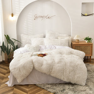 Fluffy Faux Mink & Velvet Fleece Quilt Cover Set - Pure White