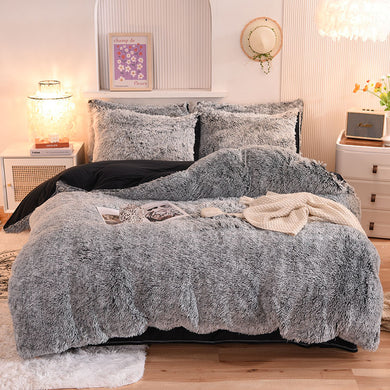 Fluffy Faux Mink & Velvet Fleece Quilt Cover Set - Black white