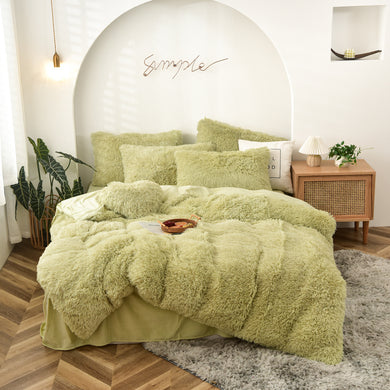 Fluffy Faux Mink & Velvet Fleece Quilt Cover Set - Light Green