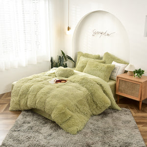 Fluffy Faux Mink & Velvet Fleece Quilt Cover Set - Light Green