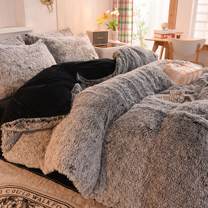 Fluffy Faux Mink & Velvet Fleece Quilt Cover Set - Black white