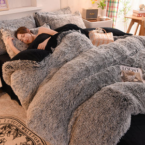 Fluffy Faux Mink & Velvet Fleece Quilt Cover Set - Black white