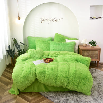 Fluffy Faux Mink & Velvet Fleece Quilt Cover Set - Lime Green