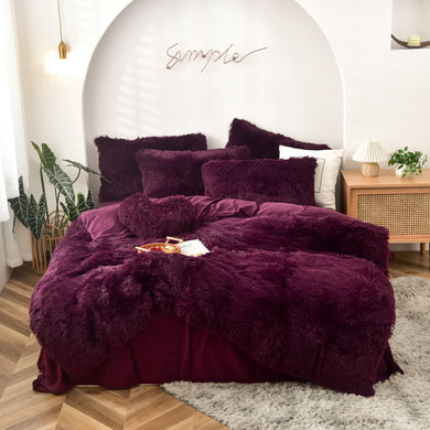Fluffy Faux Mink & Velvet Fleece Quilt Cover Set - Wine Purple