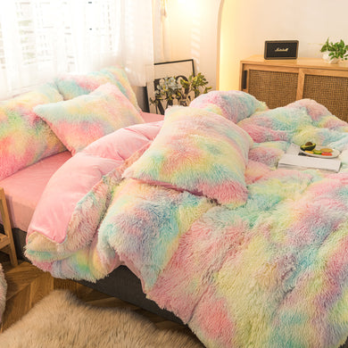 Fluffy Faux Mink & Velvet Fleece Quilt Cover Set - Rainbow Vivid