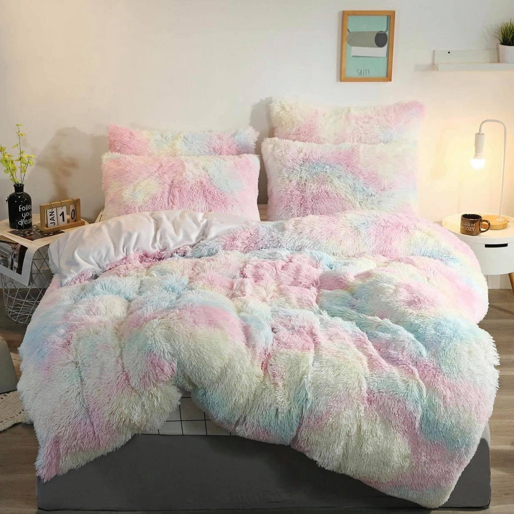 Fluffy Faux Mink & Velvet Fleece Quilt Cover Set - Rainbow Pale
