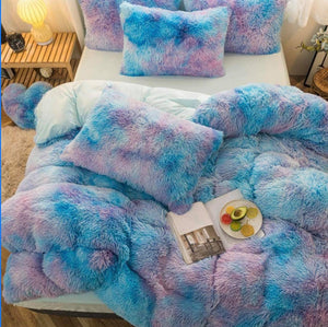 Fluffy Faux Mink & Velvet Fleece Quilt Cover Set - Rainbow Purple Blue