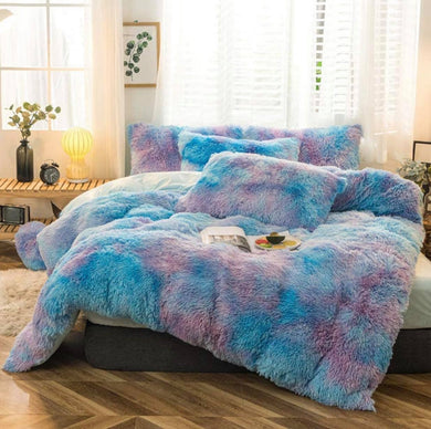 Fluffy Faux Mink & Velvet Fleece Quilt Cover Set - Rainbow Purple Blue