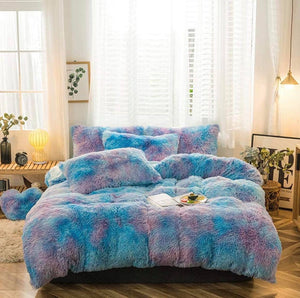 Fluffy Faux Mink & Velvet Fleece Quilt Cover Set - Rainbow Purple Blue