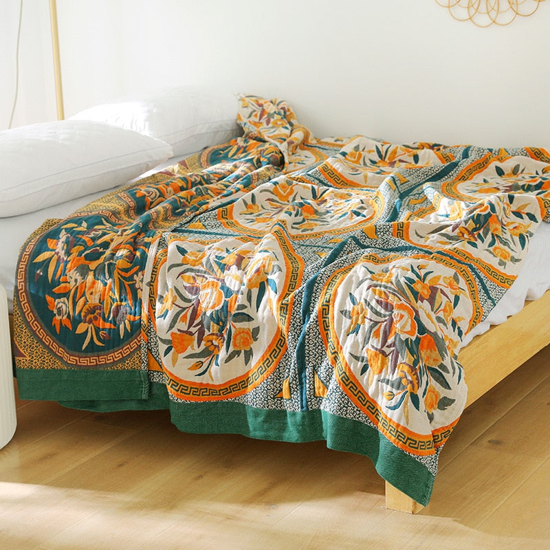 Bohemia Cotton Throw Blanket - Green Flower
