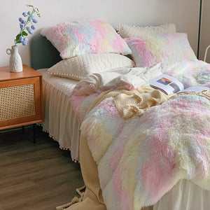 Fluffy Faux Mink & Velvet Fleece Quilt Cover Set - Soft Rainbow