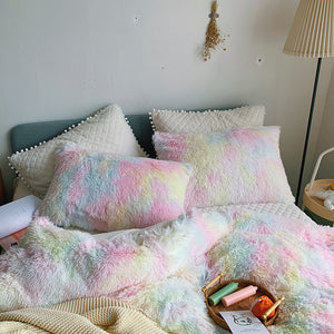 Fluffy Faux Mink & Velvet Fleece Quilt Cover Set - Soft Rainbow