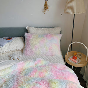 Fluffy Faux Mink & Velvet Fleece Quilt Cover Set - Soft Rainbow