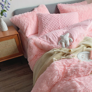 Fluffy Faux Mink & Velvet Fleece Quilt Cover Set - Soft Pink