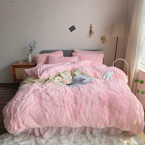 Fluffy Faux Mink & Velvet Fleece Quilt Cover Set - Soft Pink