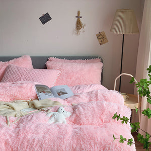 Fluffy Faux Mink & Velvet Fleece Quilt Cover Set - Soft Pink