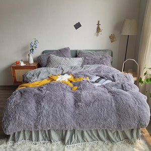 Fluffy Faux Mink & Velvet Fleece Quilt Cover Set - Soft Grey