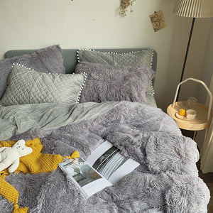 Fluffy Faux Mink & Velvet Fleece Quilt Cover Set - Soft Grey