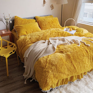 Fluffy Faux Mink & Velvet Fleece Quilt Cover Set  - Soft Yellow