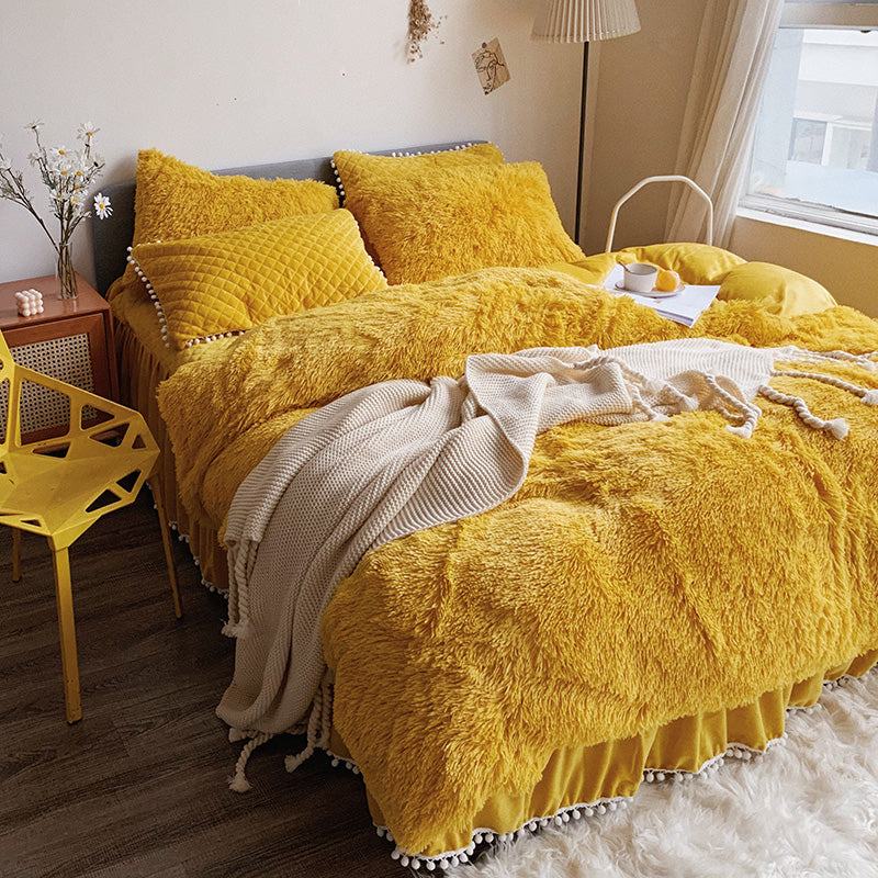 Fluffy Faux Mink & Velvet Fleece Quilt Cover Set  - Soft Yellow