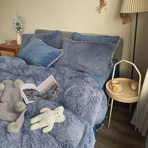 Fluffy Faux Mink & Velvet Fleece Quilt Cover Set - Soft Blue