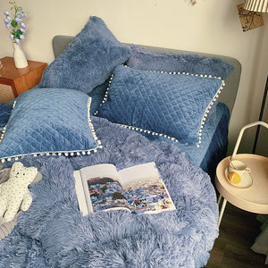 Fluffy Faux Mink & Velvet Fleece Quilt Cover Set - Soft Blue