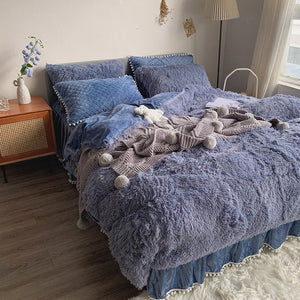 Fluffy Faux Mink & Velvet Fleece Quilt Cover Set - Soft Blue