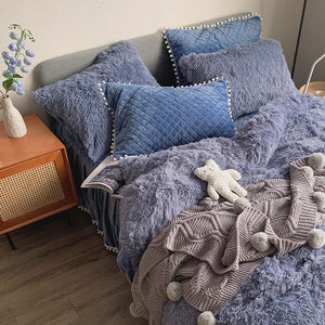 Fluffy Faux Mink & Velvet Fleece Quilt Cover Set - Soft Blue