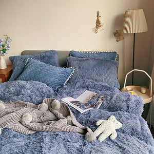 Fluffy Faux Mink & Velvet Fleece Quilt Cover Set - Soft Blue