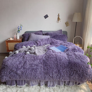 Fluffy Faux Mink & Velvet Fleece Quilt Cover Set - Soft Grey Purple