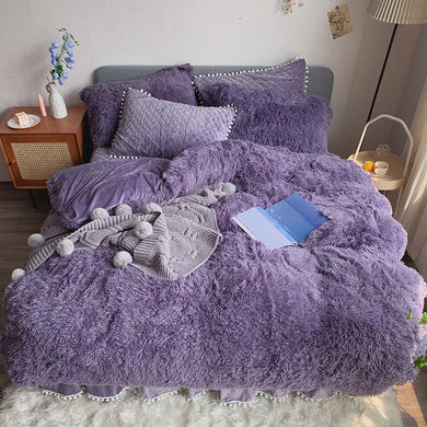 Fluffy Faux Mink & Velvet Fleece Quilt Cover Set - Soft Grey Purple