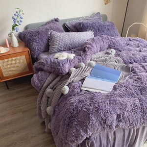 Fluffy Faux Mink & Velvet Fleece Quilt Cover Set - Soft Grey Purple