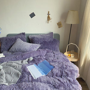 Fluffy Faux Mink & Velvet Fleece Quilt Cover Set - Soft Grey Purple