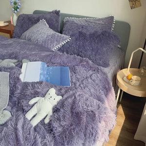 Fluffy Faux Mink & Velvet Fleece Quilt Cover Set - Soft Grey Purple