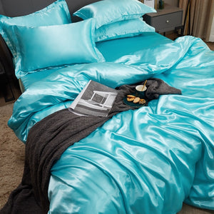Satin Bedding Set - Aqua Blue
