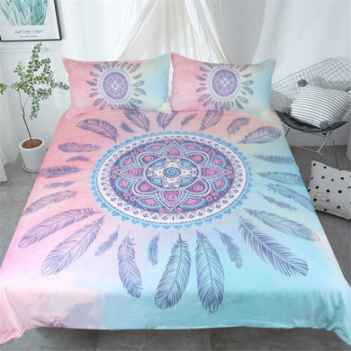 Mandala Quilt Cover Set - Pink Mandala Feathers
