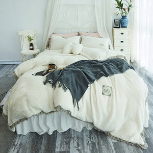 Tassels Faux Lambswool Velvet Bed Set