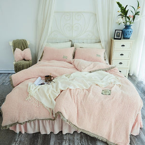 Tassels Faux Lambswool Velvet Bed Set