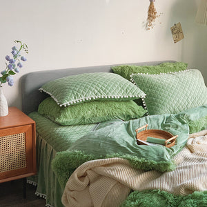 Fluffy Faux Mink & Velvet Fleece Quilt Cover Set - Soft Green