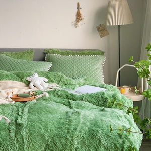 Fluffy Faux Mink & Velvet Fleece Quilt Cover Set - Soft Green