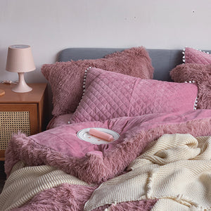 Fluffy Faux Mink & Velvet Fleece Quilt Cover Set - Soft Dusty Rose