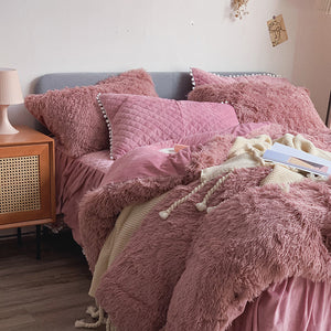 Fluffy Faux Mink & Velvet Fleece Quilt Cover Set - Soft Dusty Rose